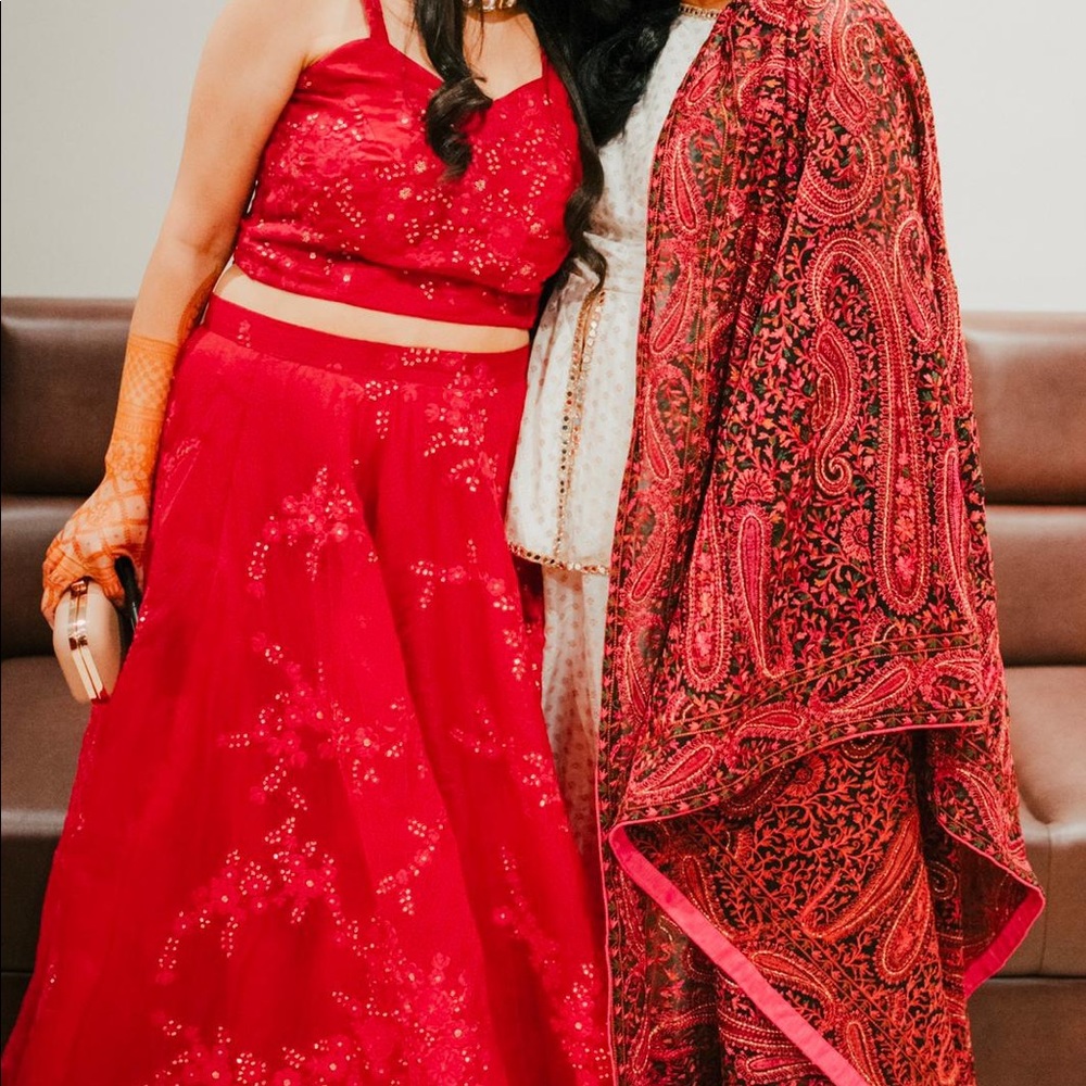 Red hand work crop top lehenga - Picture 2 of 4